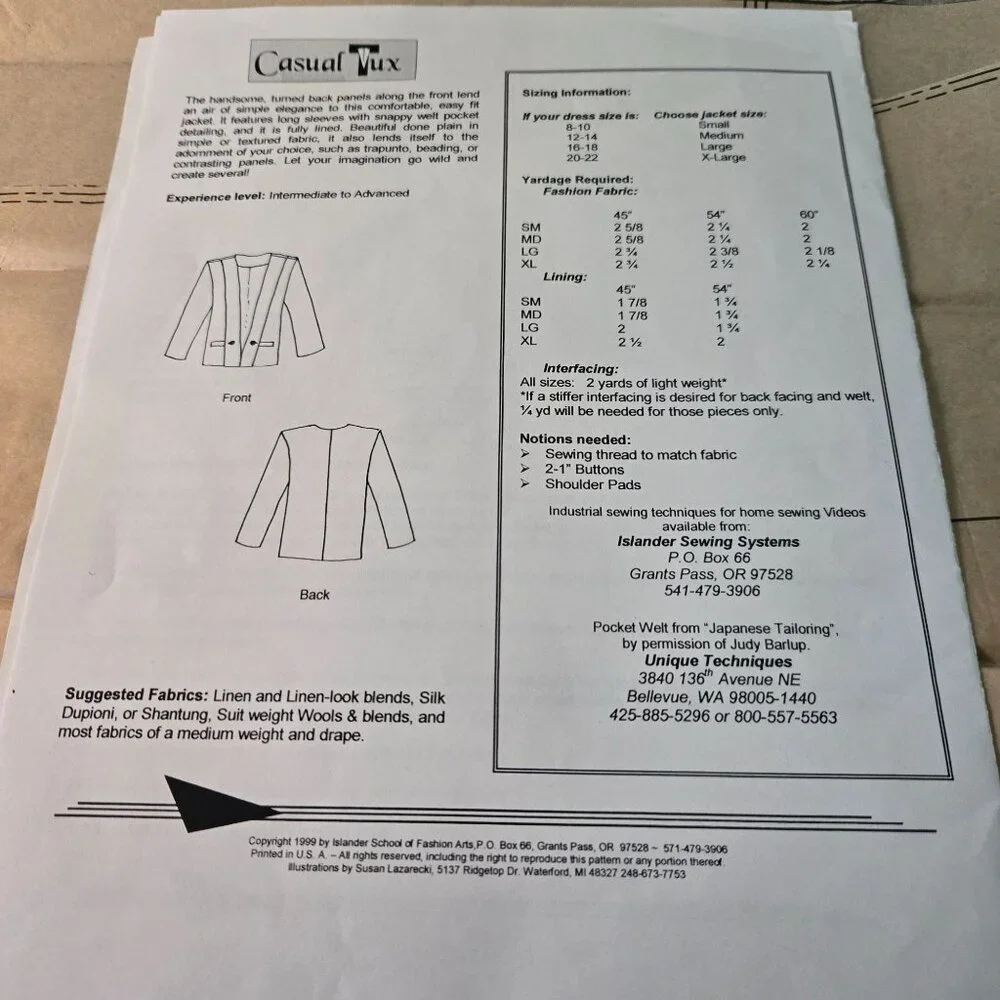 Islander Sewing Systems Casual Tux sewing pattern womens 90s CUT to size Large